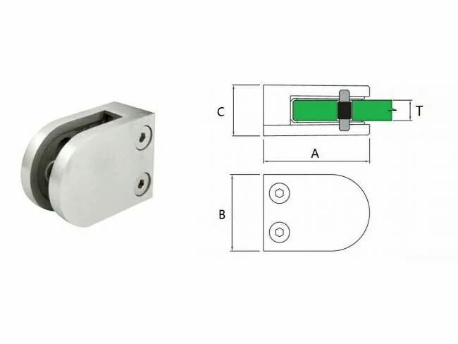 Glass Clamp Middle D Type with Safety Pin, Flat & Radius Back, For 8-10mm Glass